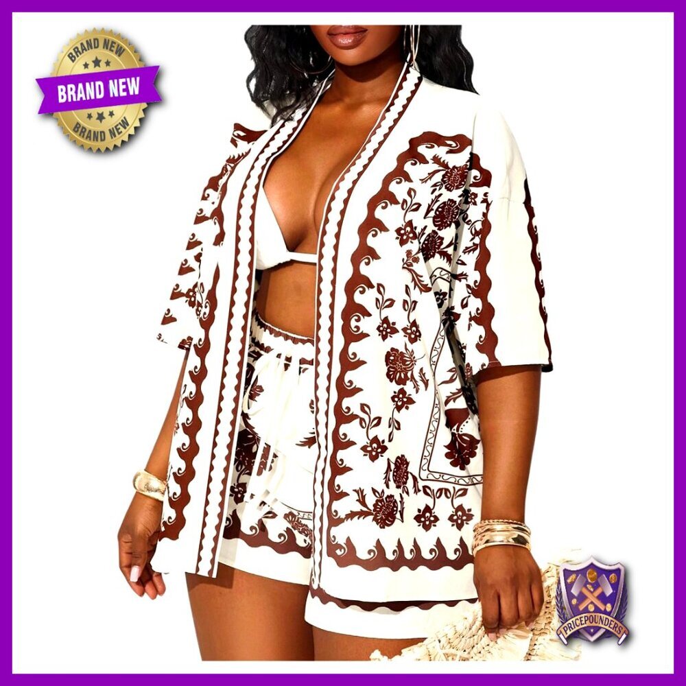 Plus Size Floral Two Piece Set Half Sleeve Blouse Wide Leg Shorts